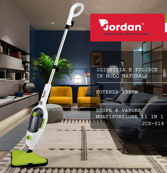 Jordan, Scopa a Vapore Multifunzione 11 in 1 – JCS-514. Potenza 1300W. Capacità serbatoio: 550ml. Temperatura vapore: 105°C. Kit accessori da 11pz incluso