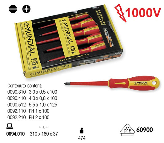 Serie giraviti Isolati a taglio e croce MUNDIAL 5 pezzi, Cacciavite professionale elettricisti